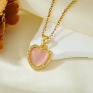 Gold Pink Stone Love Necklace T021