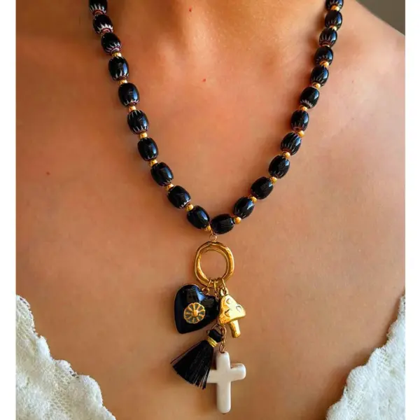 Wholesale 304 Stainless Steel Geometric PVD Coated Imitation Pearl Natural Stone Rhinestones Real Gold Plated IG Style Elegant Retro Waterproof Non Tarnish Surgical Steel Cross Chain Handmade String Beads Chain Lobster Trigger Clasp Closure Green Gold Multi Charms Necklace