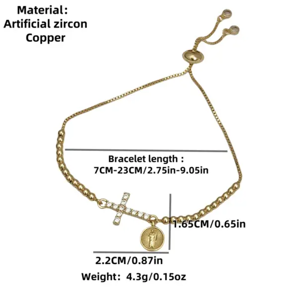 18K Gold Plated Copper Plated Cross Saint Benedict Virgin Mary Elegant Religion Classic Style Ball Chain Bracelets Drawstring Bracelets For Unisex