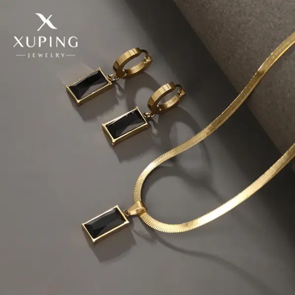 304 Stainless Steel 18K Gold Plated Glam Luxurious XUPING Plating Inlay Rectangle Artificial Gemstones Earrings Necklace