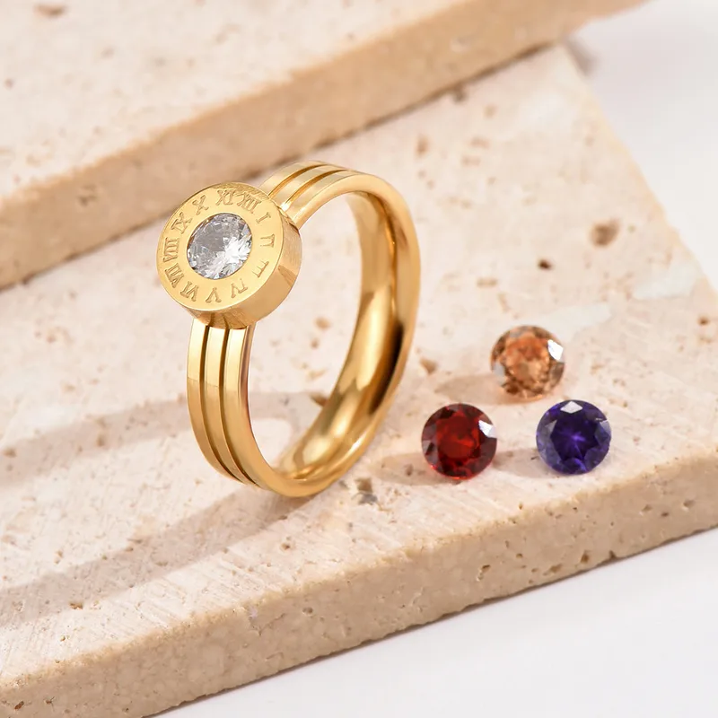 Wholesale PVD Coated Real Gold Plated 14K Gold Round Number 304 Stainless Steel Elegant Vintage Style Waterproof Non Tarnish Rings