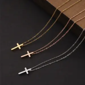 PVD Coated 18K Gold Real Gold Plated Cross Customization Laser Engraving 304 Stainless Steel Lady Shiny Waterproof Non Tarnish 304 Stainless Steel Pendant Necklace