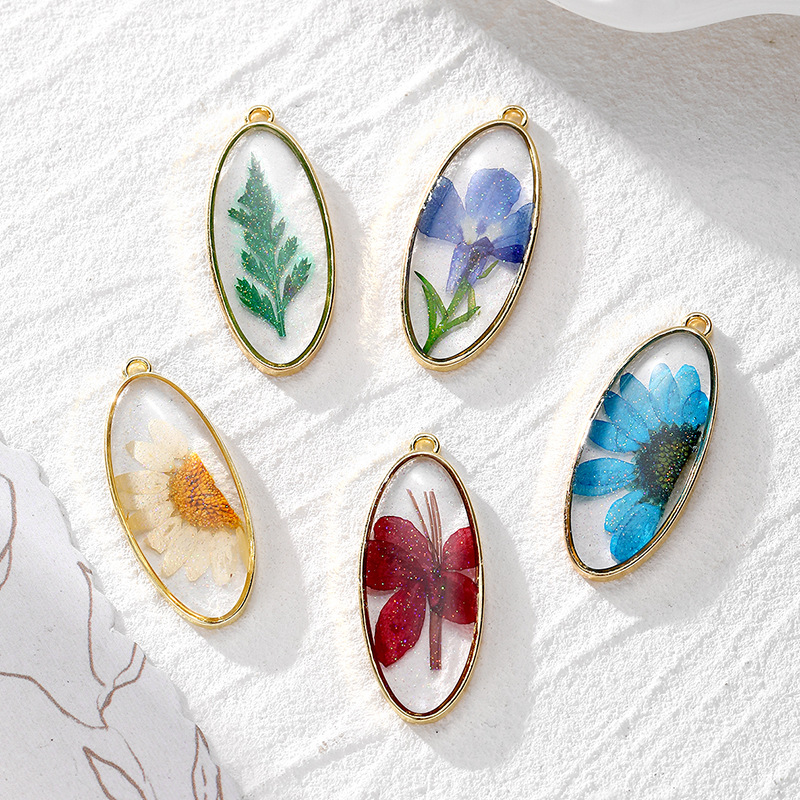 Wholesale Oval Glitter ied Flower Flower Pendant DIY Alloy Exy Plant Earrings Necklace Keychain Aessories