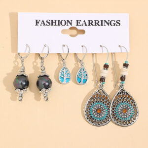 Wholesale Cross-border Bohemian drop-shaped 3 pairs of combination earrings ethnic style retro Pearl tree of life earrings