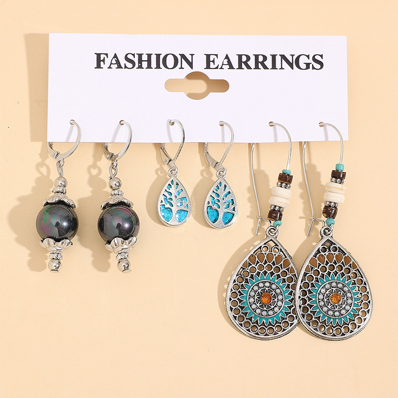 Wholesale Cross-border Bohemian op-shaped 3 pairs of combination earrings ethnic style retro Pearl tree of life earrings