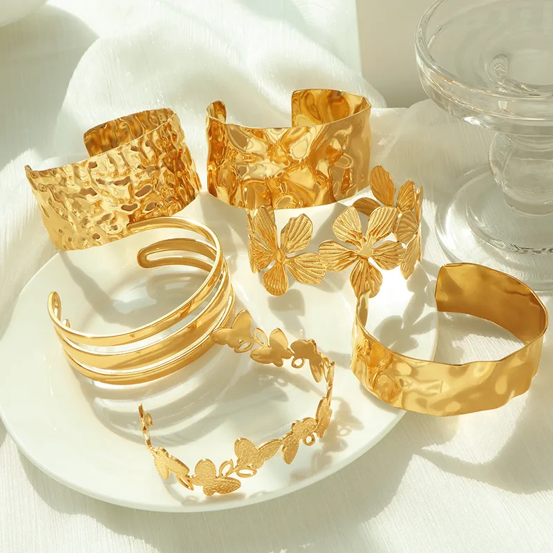 Wholesale 304 Stainless Steel Double Ring Waves Floral PVD Coated Real Gold Plated Vintage Style Punk Waterproof Non Tarnish Plating Gold Sier Bangle