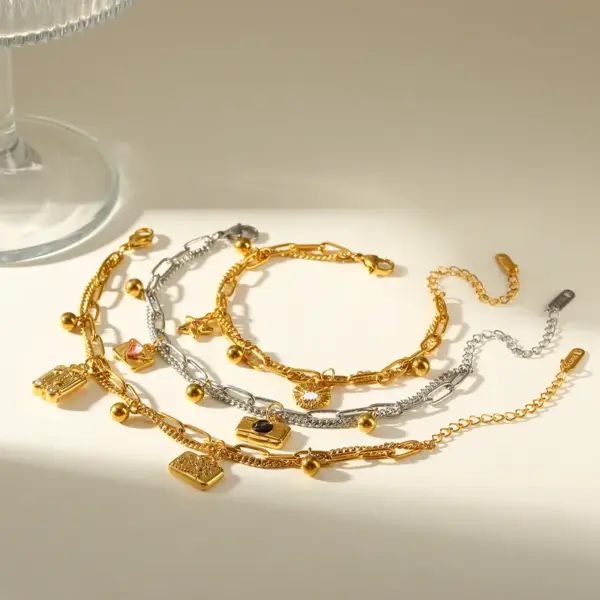 Wholesale 18K Gold Plated 304 Stainless Steel Vacuum Electroplating (In Furnace) Zircon Geometric Star Mixed Color (Jewelry Metal Contrast Color) Oil Drop Side Chain Cable Chain/Cross Chain/O Chain Bracelet For Women