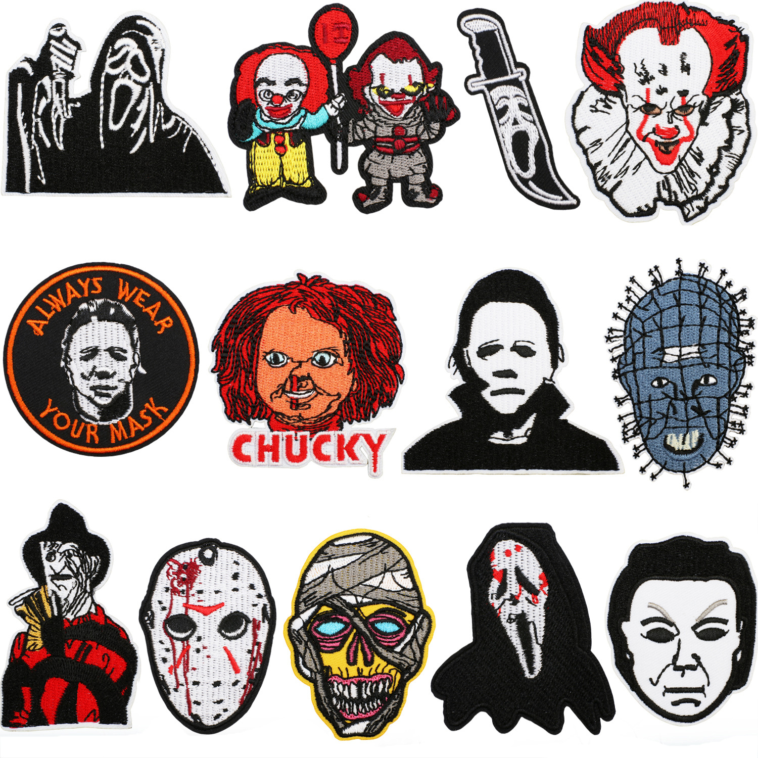 Wholesale Howling Day ess Embroidered Cloth Stickers Horror Doll Patch Stickers Zombie Embroidery Pieces Weird Clown Embroidery Chapter
