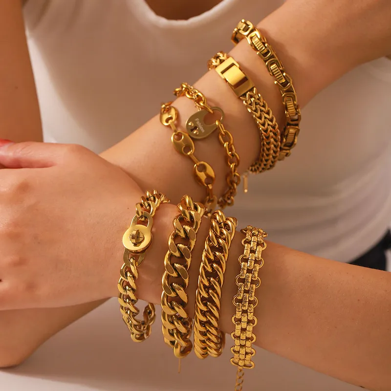 Wholesale Electroplating Golden Plated Lock 304 Stainless Steel Hip-Hop Retro 304 Stainless Steel Bracelets