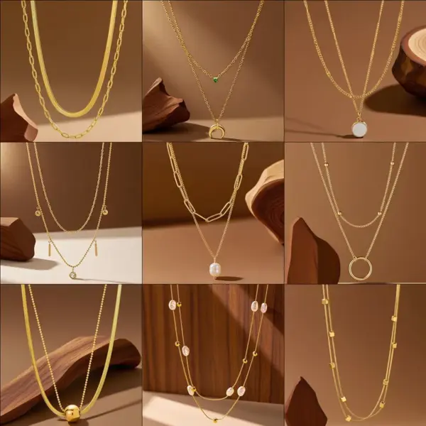 Wholesale Luxurious U-shaped Geometric Pattern Heart-shaped Electroplated (Including Color-retaining Layer) Two-layer Titanium Steel Necklace For Women Non-fading Tassel Jewelry Gift