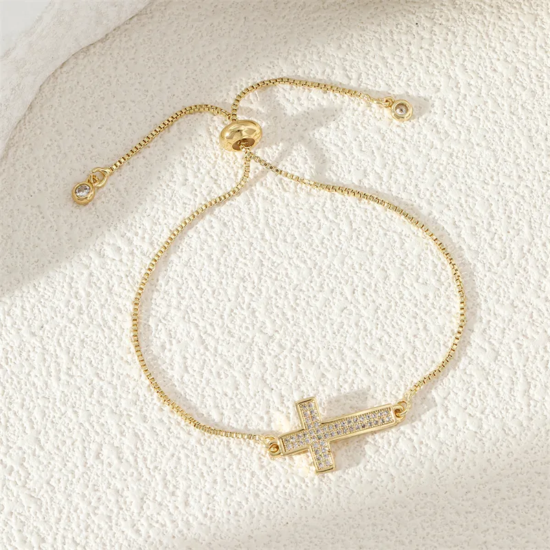 Wholesale Copper 18K Gold Plated Simple Style Plating Inlay Cross Zircon Bracelets