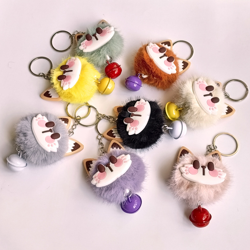 Wholesale Hot sale cute lucky cat plush key chain imitation mink fur ball key chain with bell to push pendant