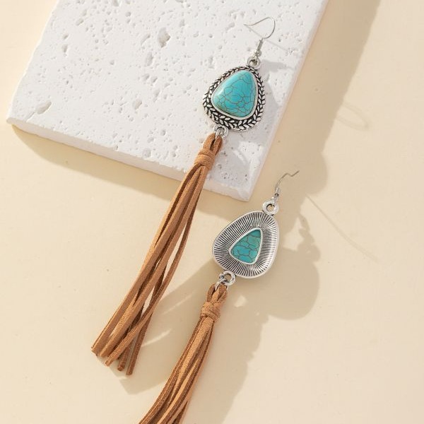 Wholesale Cross-border European and American Jewelry Retro T-shaped Turquoise Tassel Brown Hanging Korean Velvet Earrings