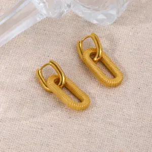 Wholesale PVD Coated Real Gold Plated Oval Thread 304 Stainless Steel Elegant Retro Waterproof Non Tarnish Drop Earrings