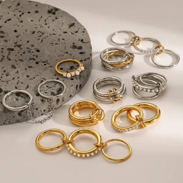 304 Stainless Steel Double Ring PVD Coated Real Gold Plated Elegant Simple Style Waterproof Non Tarnish Layered Mixed Metal Rings