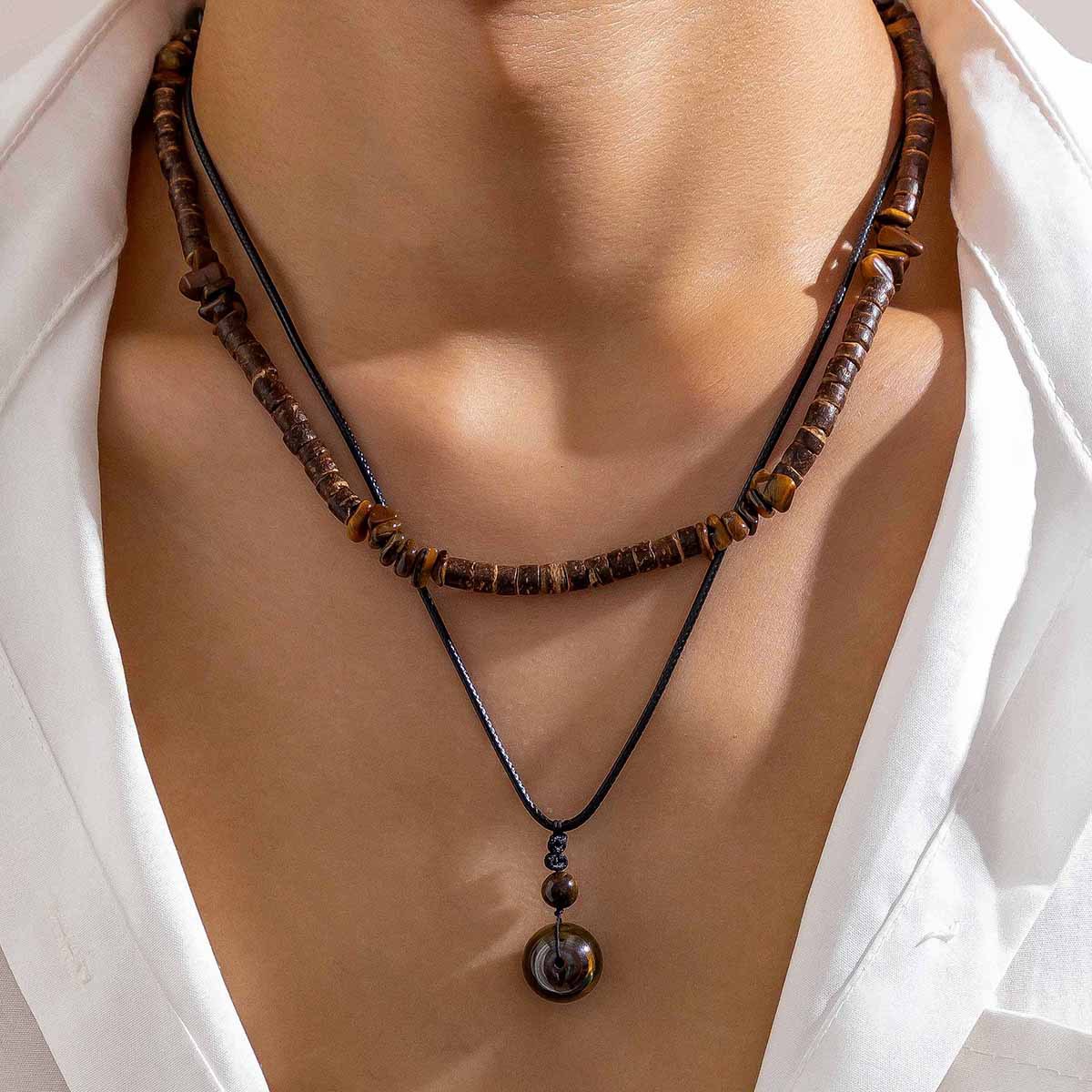 Wholesale European and American Fashion nut Shell Turquoise Leather Wax Thread Necklace Set for Men Hip-Hop Niche Stacked Sweater Chain Cross-Border J