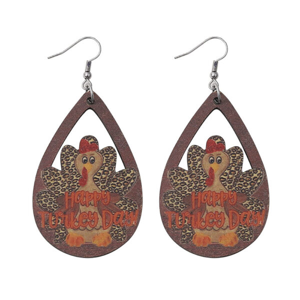oly-69265ff4730cdb59bdcb25914c038f56 Wholesale New cross-border Thanksgiving leopard print polka dot turkey teardrop-shaped hollowed-out pendant earrings, distressed wooden double-sided earrings