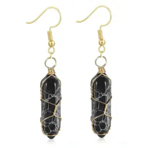 Gold Black Pine Earrings / Wire-Wound Hexagon Prism Earrings