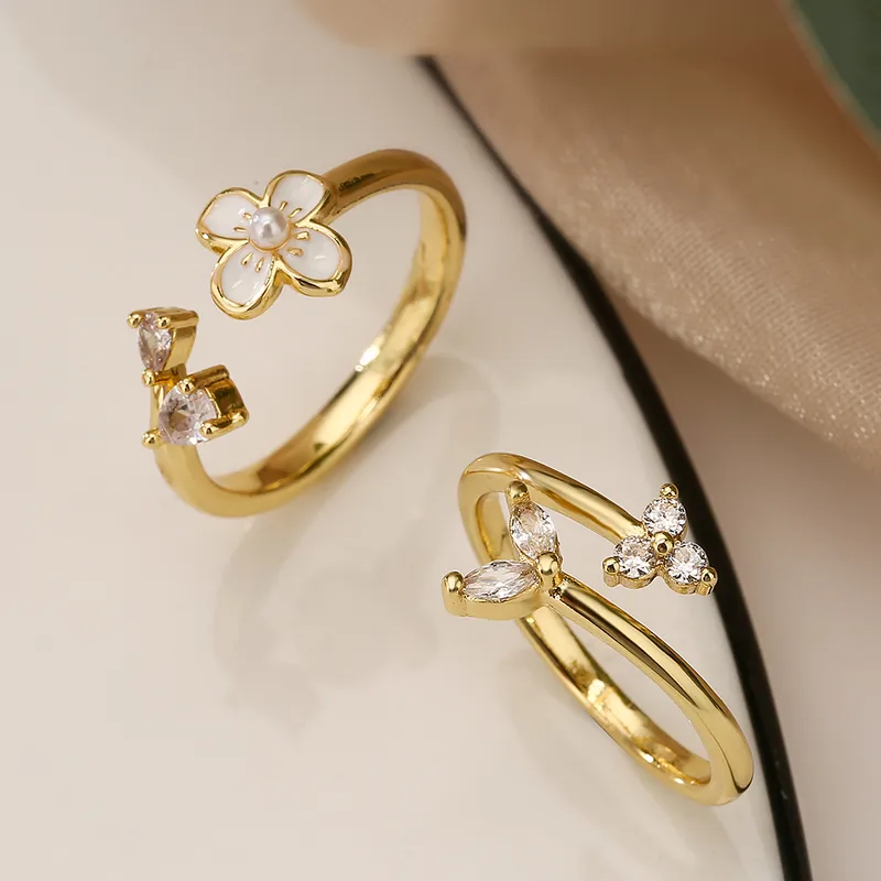 Wholesale Simple Style Flower Copper Plating Inlay Zircon 18k Gold Plated Open Rings