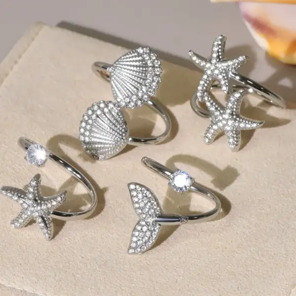 Wholesale Stainless Steel Open Ring Fish Tail Starfish Shell 5A Zirconia True Gold Plated Ocean Series Index Finger Jewelry Luxury Romantic