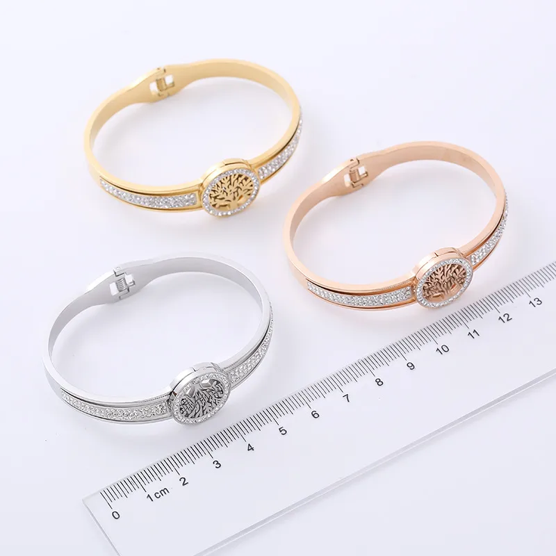 Wholesale 304 Stainless Steel Life Tree PVD Coated Artificial Rhinestones 18K Gold Plated Classic Style Rose Gold Gold Sier Bangle