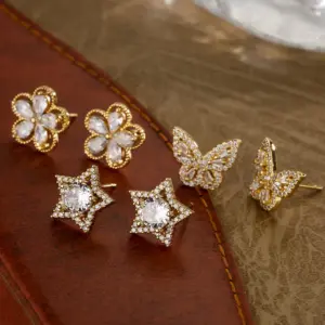 Wholesale 1 Pair Fashion Star Flower Butterfly Inlay Copper Zircon 18k Gold Plated Ear Studs
