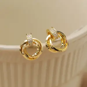 Wholesale Copper Geometric Round Zircon 14K Gold Plated Vintage Style Simple Style Gold Ear Studs