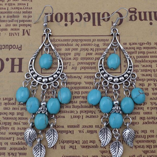 Wholesale Small leaf and twig tassel turquoise earrings