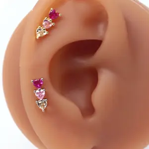 Wholesale 1 Piece Cute Heart Shape Plating Inlay Stainless Steel Steel Copper Zircon White Gold Plated Gold Plated Cartilage Earrings