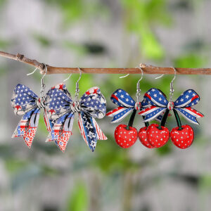 oly-6966eed0c5e58905b9bfe57944b1839e Wholesale Cross-border New Independence Day Red White Blue Bow Cherry American Flag Pendant Earrings Acrylic Earrings