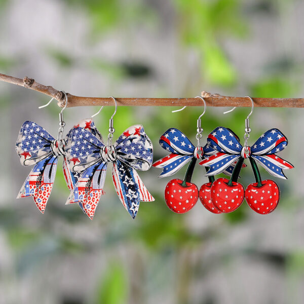 oly-6966eed0c5e58905b9bfe57944b1839e Wholesale Cross-border New Independence Day Red White Blue Bow Cherry American Flag Pendant Earrings Acrylic Earrings