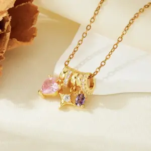 Gold Pink Diamond Heart Star Necklace T021