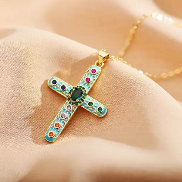 Copper Cross Electroplating Zircon Copper Plated Roman Style Enamel Plating Inlay Cable Chain Lobster Trigger Clasp Closure Pendant Necklace