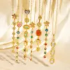 Wholesale French Retro Long Geometric Pendant Necklace For Women, Multicolor Gemstone Heart And Star Design, Unique Jewelry Accessory