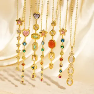 Wholesale French Retro Long Geometric Pendant Necklace For Women, Multicolor Gemstone Heart And Star Design, Unique Jewelry Accessory