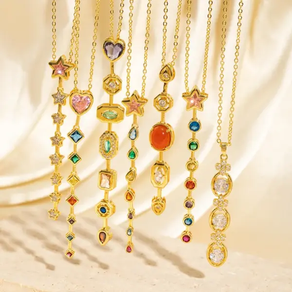 Wholesale French Retro Long Geometric Pendant Necklace For Women, Multicolor Gemstone Heart And Star Design, Unique Jewelry Accessory