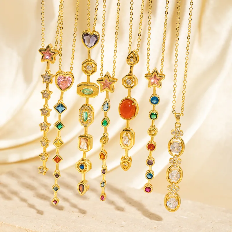 Wholesale French Retro Long Geometric Pendant Necklace For Women, Multicolor Gemstone Heart And Star Design, Unique Jewelry Accessory