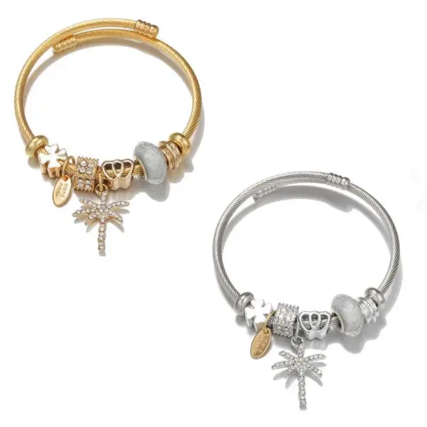 Wholesale Simple Style Letter Coconut Tree Stainless Steel Alloy Resin Inlay Artificial Gemstones Bangle