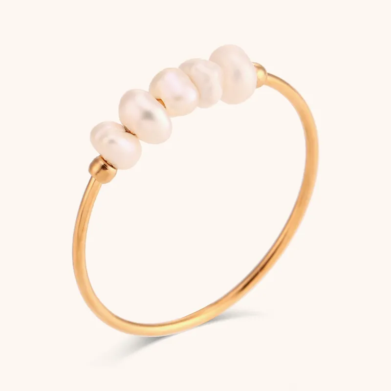 Wholesale Women's Stainless Steel PVD Coated 18K Gold Plated Pearl Geometric Rings Imitation Pearl Jewelry
