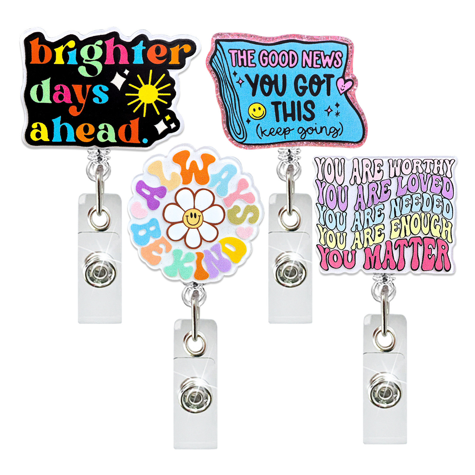 Wholesale Acrylic Suower English Inspirational Retractable Rotating Badge Reel Doctor Nurse ID Buckle Easy Pull- Buckle