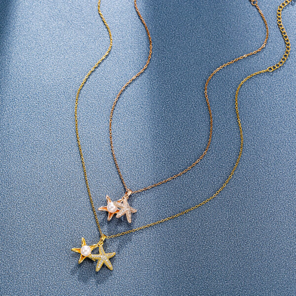 Wholesale Golden Starfish pearl necklace for women ins trendy niche design sense can be opened pendant with Diamond light luxury titanium steel necklace