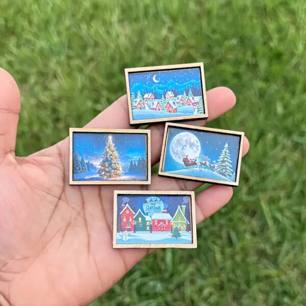 Wholesale 4-piece mini Christmas art wooden frame set | Santa Claus | Reindeer | Christmas Village | Miniature holiday scene toys