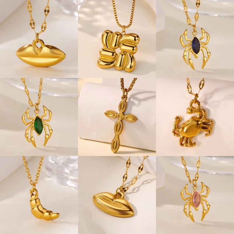 Wholesale 18K Gold Plated 304 Stainless Steel Vacuum Electroplated Zircon Cross Lip Crab Spider Electroplated Cable Chain/Cross Chain/O Chain Pendant Necklace Unisex Party Holiday Gift