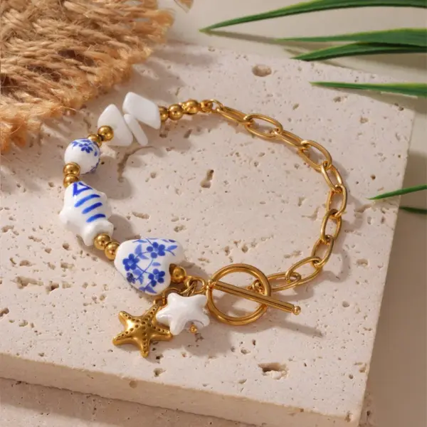 Ion Plating (IP) 18K Gold Plated Starfish Snails Fish 304 Stainless Steel Ceramics Casual Hawaiian Beach Waterproof Non Tarnish Bracelets Necklace