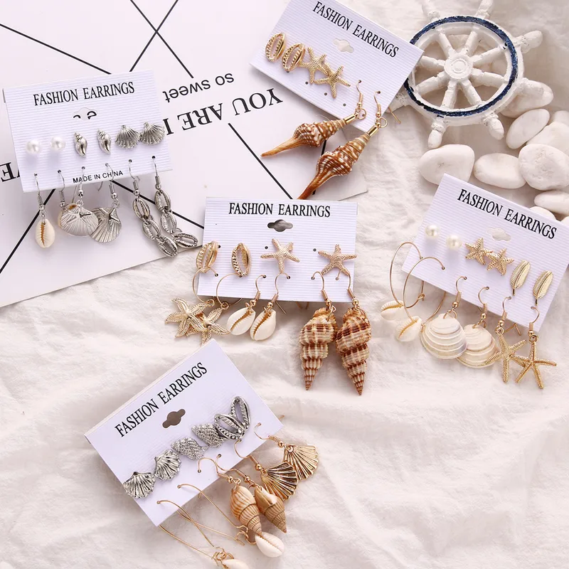 Wholesale 6 Pairs Beach Geometric Alloy Plating Artificial Pearls Shell Women's Earrings