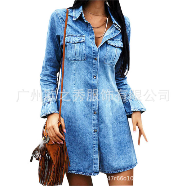 Wholesale Cross-Border Export Aliexpress 2024 Spring & Fall Stock Denim Dress Women's Long-Sleeved European and American Style Slim Shirt Dress