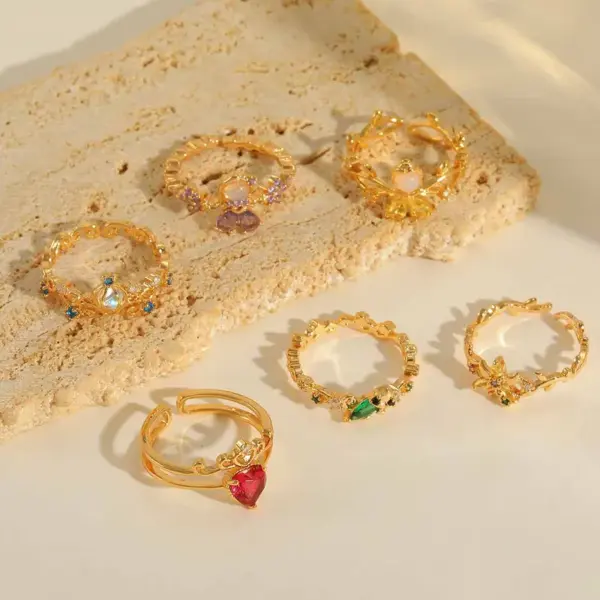 Wholesale Jewelry Cute Sweet Heart Shape Flower Copper Zircon 14K Gold Plated Inlay Open Rings