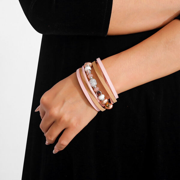 Wholesale Cross-border fashion hardware beaded copper tube women's PU leather bracelet, personalized retro multi-layer magnetic buckle leather bangle