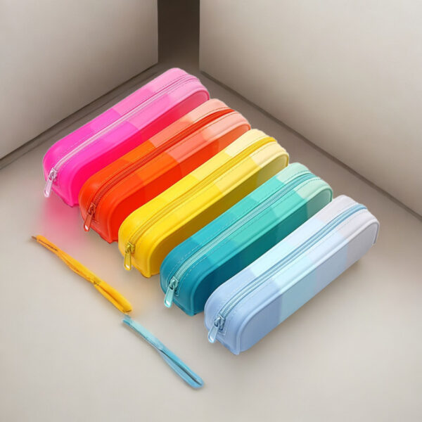 Wholesale Internet Popular Soft Silicone Pencil Case Creative Student Gradient Rectangular Silicone Pencil Case Simple Large Capacity Stationery