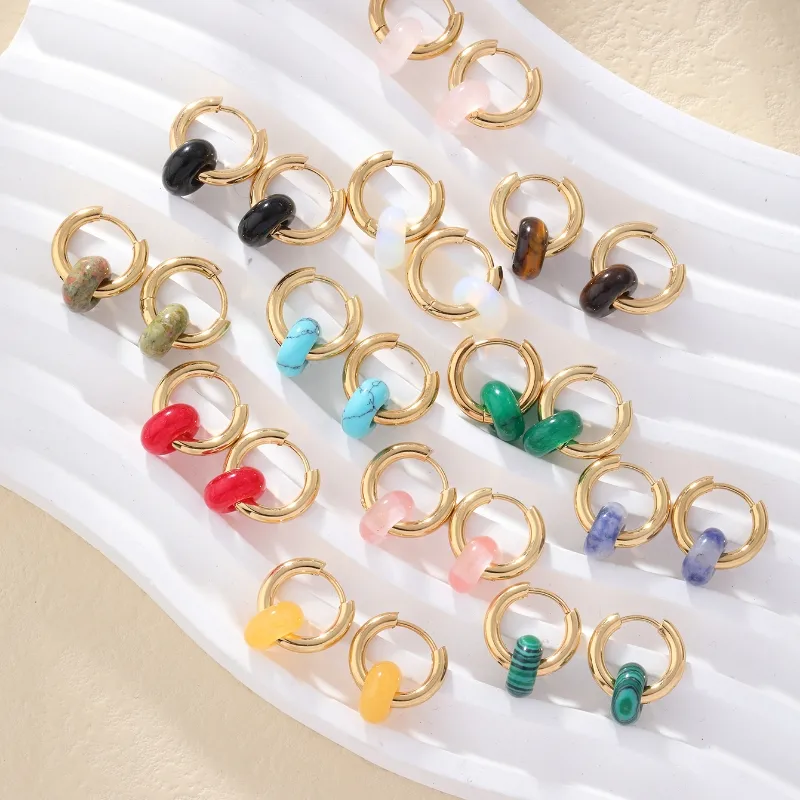Wholesale PVD Coated Gold Plated Round 304 Stainless Steel Natural Stone Retro Simple Style Waterproof Non Tarnish Earrings
